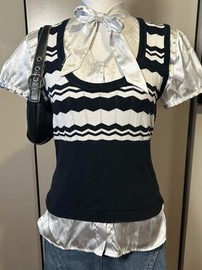 Y2K Office Siren New Directions Bow Detail Satin Preppy Small Blouse